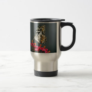 Mug De Voyage Papillon blanc noir et jaune sur fleurs roses