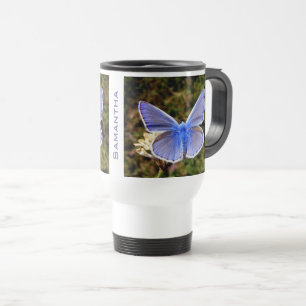 Mug De Voyage Papillon bleu personnalisé sur Fleur blanche