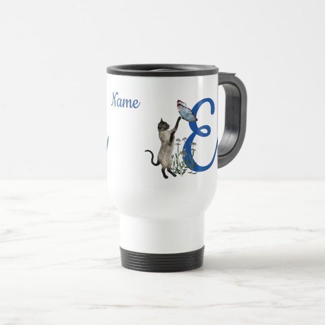 Mug De Voyage Papillon de chat siamois monogramme initial E nom  (Devant droit)