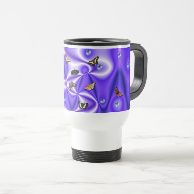 Mug De Voyage Papillon et perles sur soie violette (Devant droit)