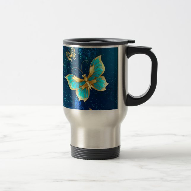 Mug De Voyage Papillons d'or sur un Arrière - plan bleu (Droit)