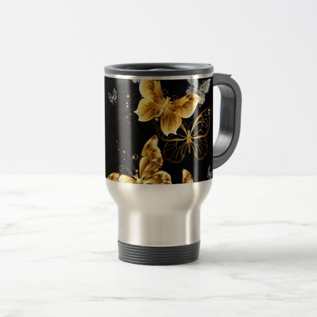 Mug De Voyage Papillons dorés et blancs (Devant droit)