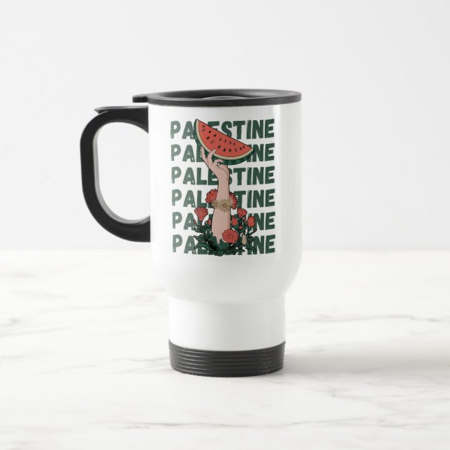 Mug De Voyage pastèque, fleurs et palestine Texte Répéter (Gauche)