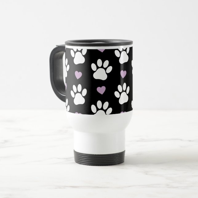 Mug De Voyage Paw Motif, Chien Paws, White Paws, Lilac Hearts (Devant gauche)