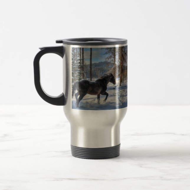 Mug De Voyage Percheron noir en hiver neige et forêt (Gauche)