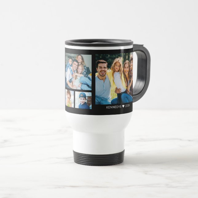 Mug De Voyage Personalized  5 Photo Collage Family Quote Black (Devant droit)
