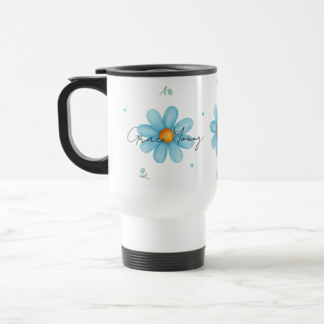 Mug De Voyage Personalized Blue Daisy Floral Name Custom Design (Gauche)