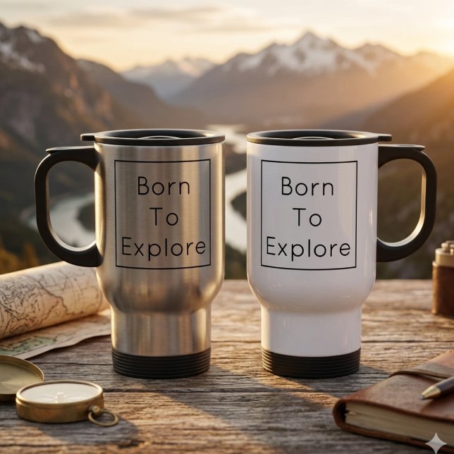 Mug de voyage personnalisé Né pour explorer (Travel mug with personalized text reads "Born To Explore")
