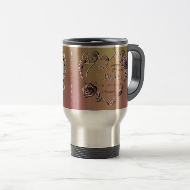 Mug De Voyage Photo 7e anniversaire du Mariage Rose de la copie  (Devant droit)