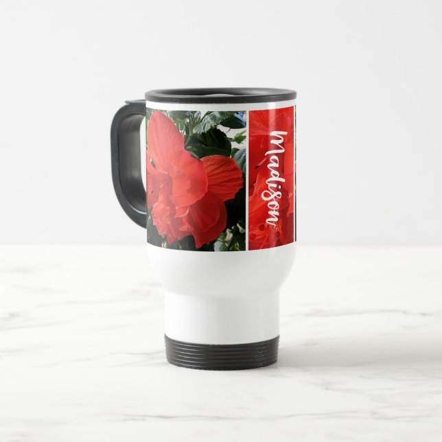 Mug De Voyage Photo Orange Double Hibiscus Nom personnalisé (Devant gauche)