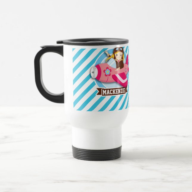 Mug De Voyage Pilote fille en avion rose; Bleu et Blancs (Gauche)