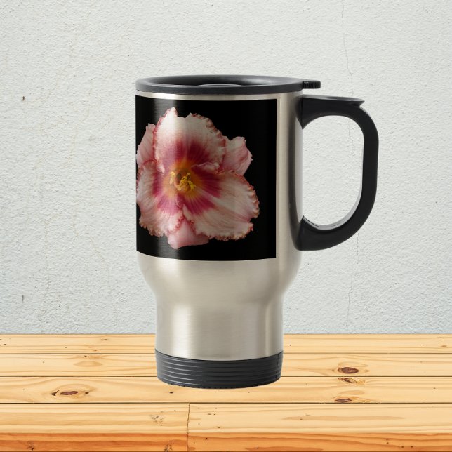 Mug De Voyage Pink Daylily Bloom sur Black Floral (In Situ)