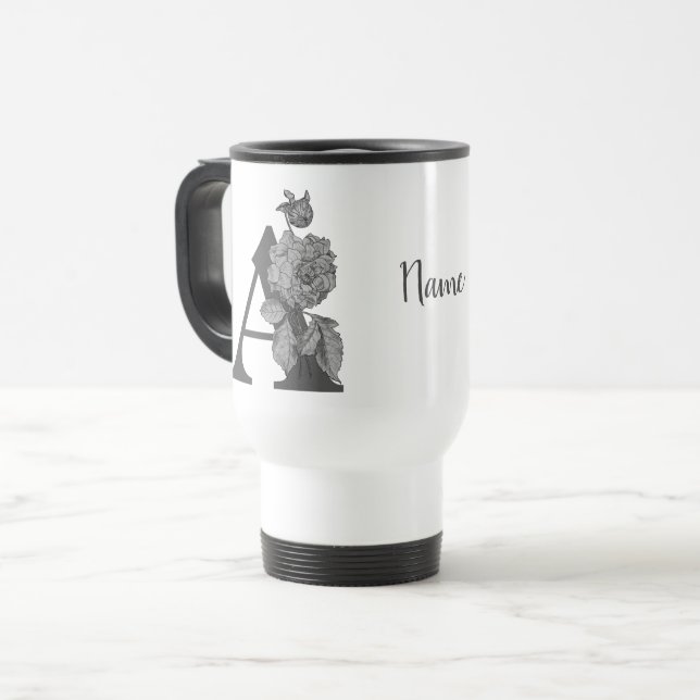 Mug De Voyage Pivoine argentée Elégant monogramme initial A Nom  (Devant gauche)