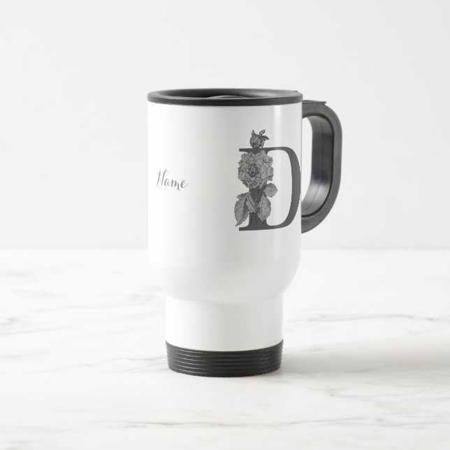 Mug De Voyage Pivoine argentée Élégant monogramme initial D Nom (Devant droit)