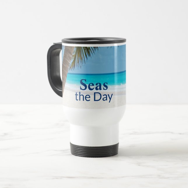 Mug De Voyage Plage tropicale turquoise Seas the Day (Devant gauche)