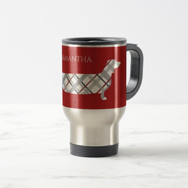 Mug De Voyage Plaid Dachshund sur Red Personnalisé (Devant droit)