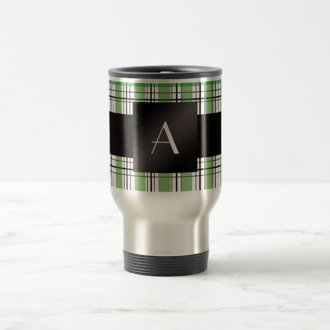 Mug De Voyage Plaid vert de monogramme (Centre)