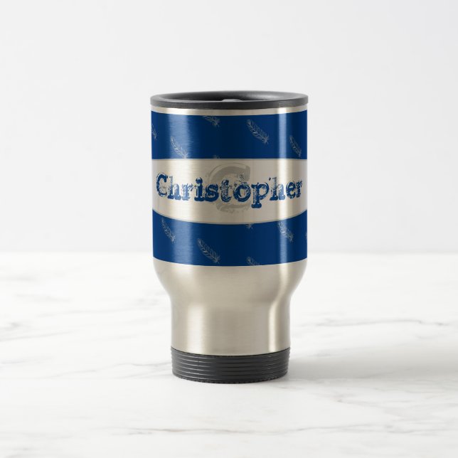 Mug De Voyage Plumes Typographie Bleue Nom Monogramme Modèle (Centre)