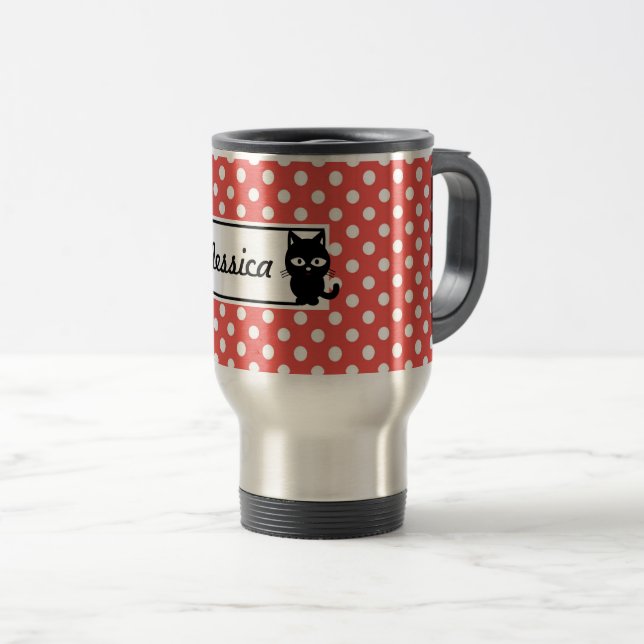 Mug De Voyage Point de polka rouge et chat noir personnalisés (Devant droit)