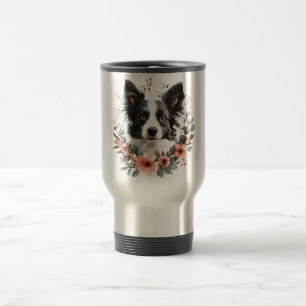 Mug De Voyage Portrait de Border Collie avec cadre floral