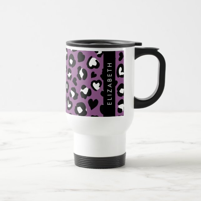 Mug De Voyage Poster de animal, Léopard Violet, Coeurs, Votre No (Droite)