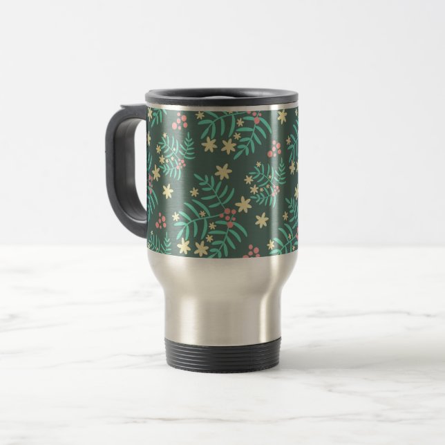 Mug De Voyage Pretty Botanical Leaves and Berries Blue Pattern (Devant gauche)