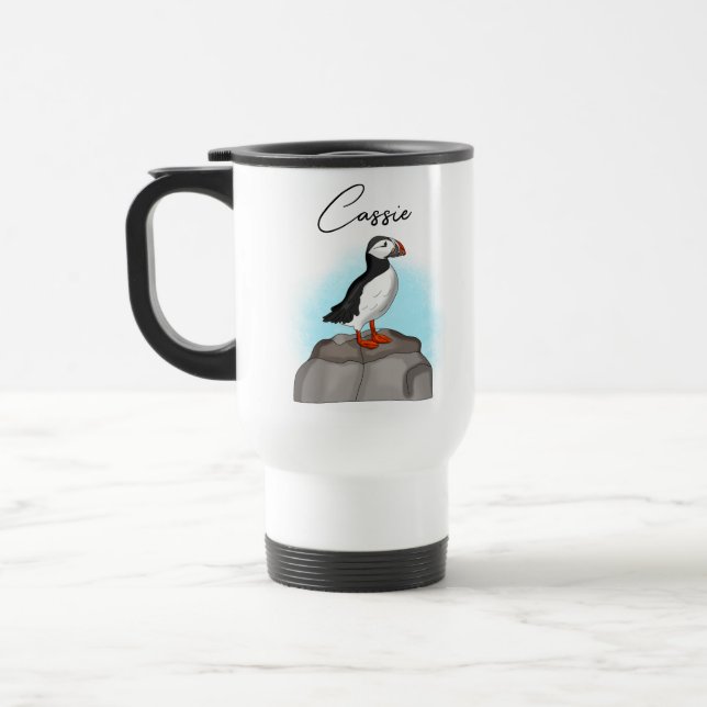 Mug De Voyage Puffin personnalisé sur un rocher (Gauche)