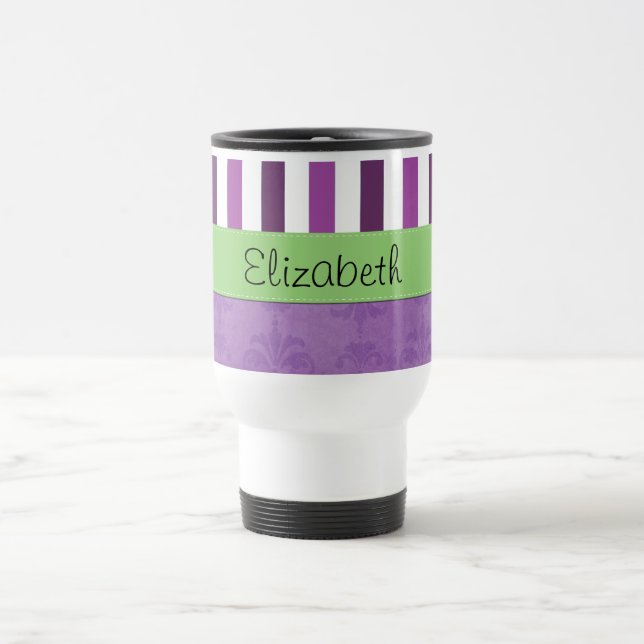 Mug De Voyage Purple Damask, Purple Stripes, Stripe, Votre Nom (Centre)