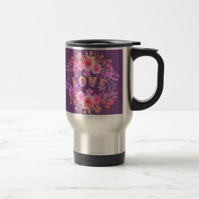 Mug De Voyage Purple LOVE dans l'aquarelle Fleurs (Droit)