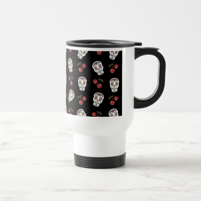 Mug De Voyage RAB Rockabilly Sugar Skulls Cherries On Black (Droite)