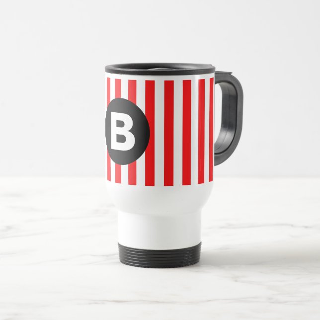Mug De Voyage Rayes verticales rouges et blanches Monogramme noi (Devant droit)
