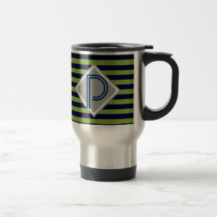 Mug De Voyage Rayures bleu et vert citron monogramme Lui