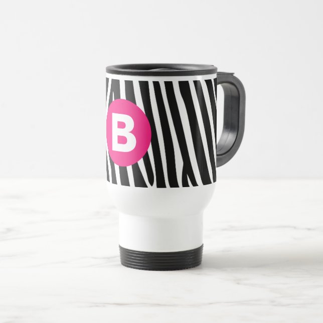 Mug De Voyage Rayures Classiques de Zèbre Monogramme Rose Clair (Devant droit)