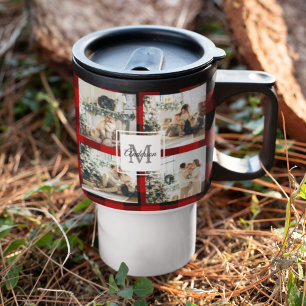 Mug De Voyage Red Buffalo Plaid & Collage Photo Avec Initiale