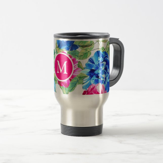 Mug De Voyage Rose Clair et Bleu Floral Joliment Monogrammé (Devant droit)