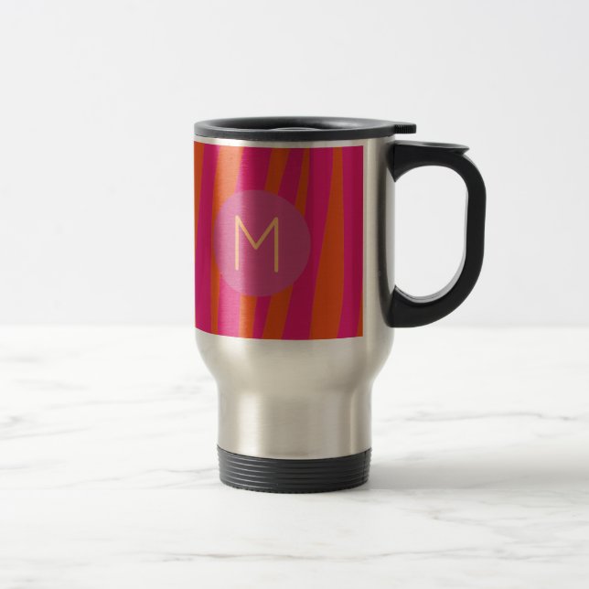 Mug De Voyage Rose et Orange Zebra Stripes Moderne Monogramme (Droit)