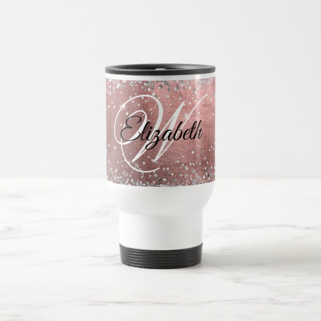 Mug De Voyage Rose Poudrée Argent Pailleté Monogrammé (Centre)