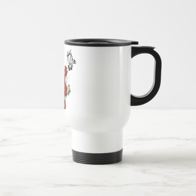 Mug De Voyage Rose rouge avec papillon et oiseau (Droite)