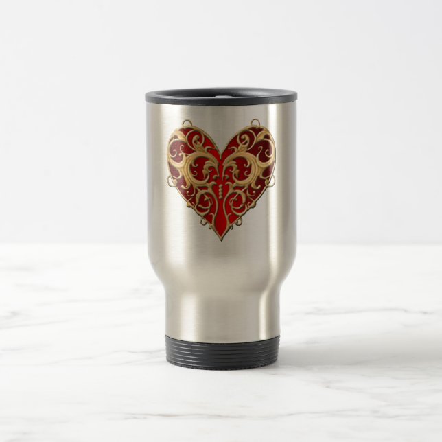 Mug De Voyage Rouge Filigree Coeur Voyage Mug (Centre)