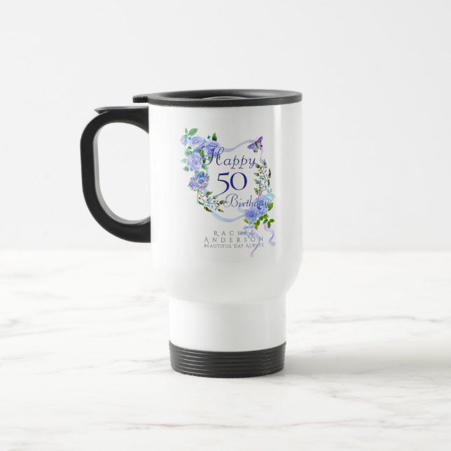 Mug De Voyage Ruban de Rose Bleue 50e Anniversaire (Gauche)