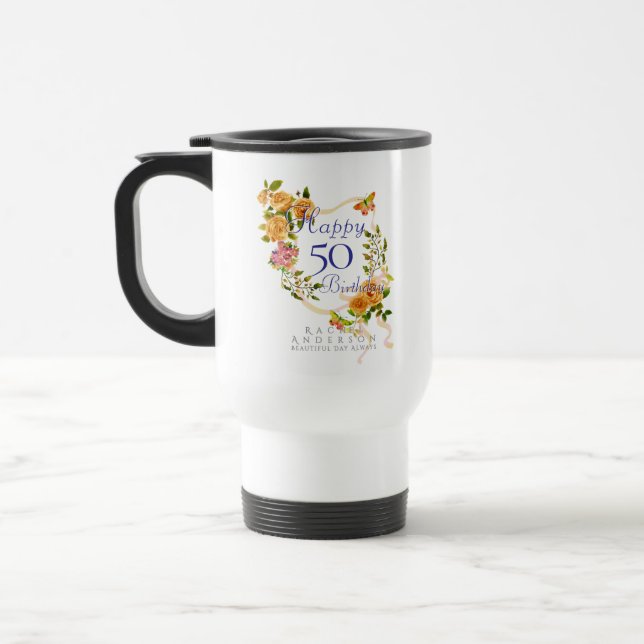 Mug De Voyage Ruban de rose d'or 50e anniversaire (Gauche)