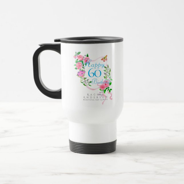 Mug De Voyage Ruban de rose rose 60e anniversaire (Gauche)