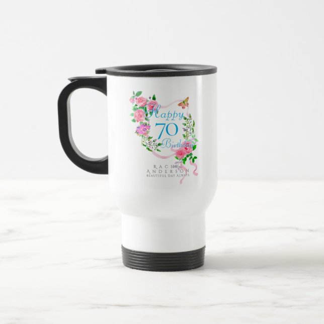 Mug De Voyage Ruban de rose rose 70e anniversaire (Gauche)