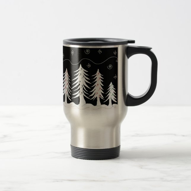 Mug De Voyage Scène d'arbre de Noël en noir et blanc (Droit)