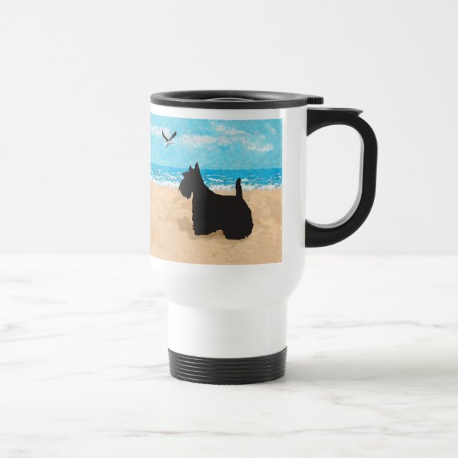 Mug De Voyage Scottie à la plage avec une mouette (Droite)