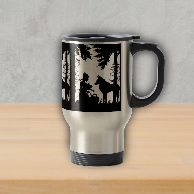 Mug De Voyage Silhouette Noire Rouge Hood Wolf Woods (Black Silhouette LIttle Red Riding Hood in Woods with wolf on travel drink mug.)