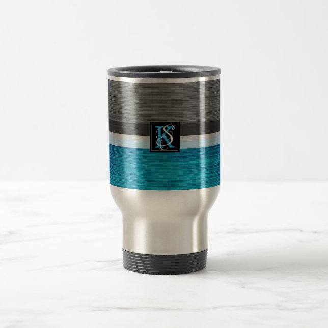 Mug De Voyage Simple deux tons bleu et gris Initiales Monogramme (Centre)