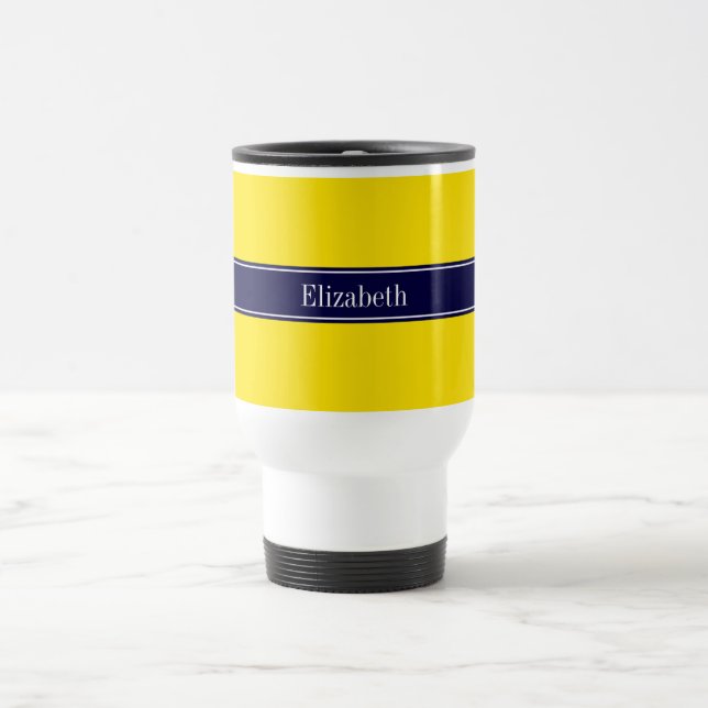 Mug De Voyage Solid Yellow, Navy Blue Ribbon Monogram (Centre)