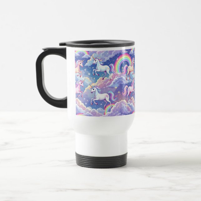 Mug De Voyage Sparkly rainbow and unicorns on clouds (Gauche)