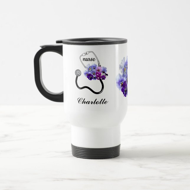 Mug De Voyage Stéthoscope Fleur de Pensée Bleue pour Infirmière  (Gauche)